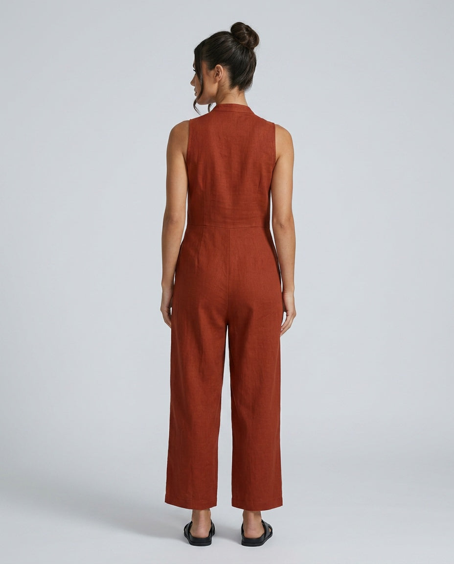 Linen-Blend Sleeveless Loose Jumpsuit