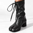 Women's Mid-Calf Split-Toe Boots – Lace-Tie Low Block-Heel Style