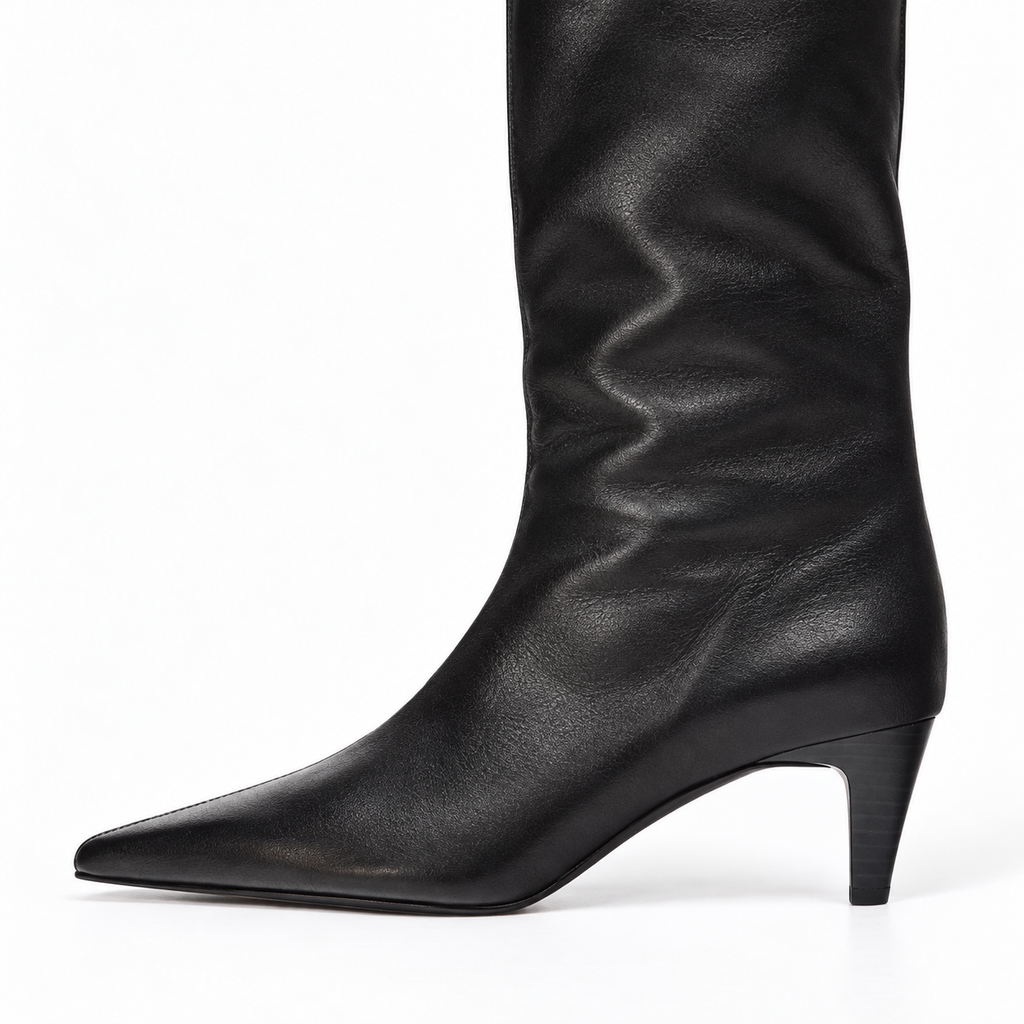 Women's Knee-High Faux Leather Boots – Pointed-Toe Slim-Heel Pull-On Style