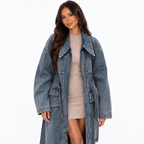 Women's Long Denim Trench Coat with Oversized Collar and Tie Belt