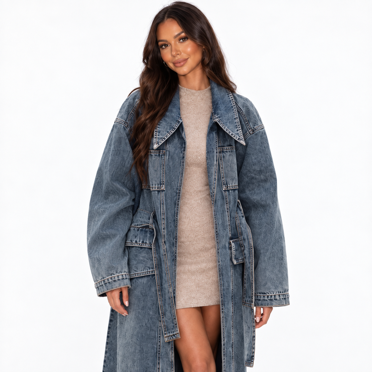 Women's Long Denim Trench Coat with Oversized Collar and Tie Belt