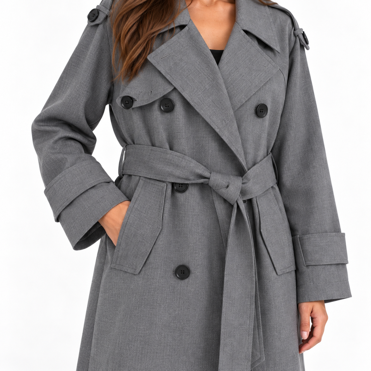 Women's Double-Breasted Belted Trench Coat with Wide Lapels