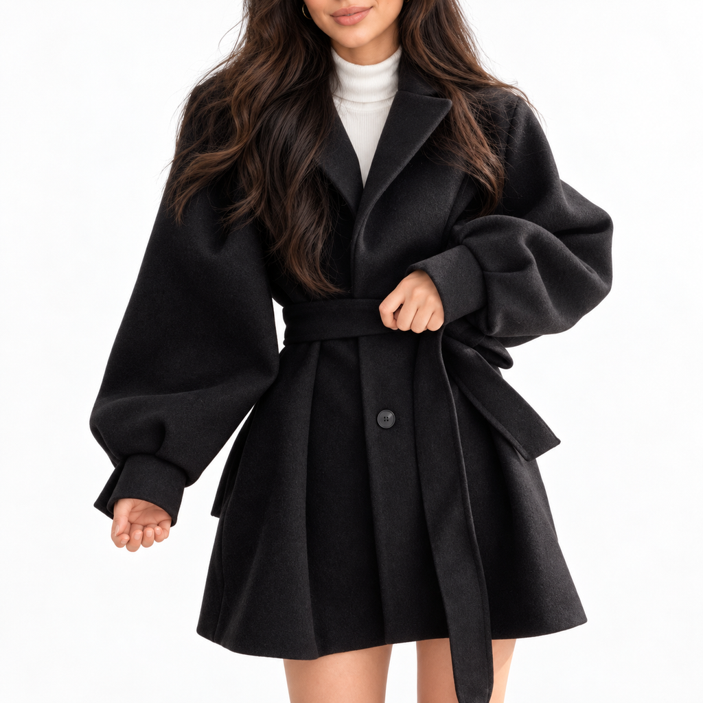 Women's Belted wool-blend-Blend Short Coat