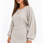 Women's Ribbed Knitted Mini Dress – Asymmetric-Hem Long-Sleeve Style