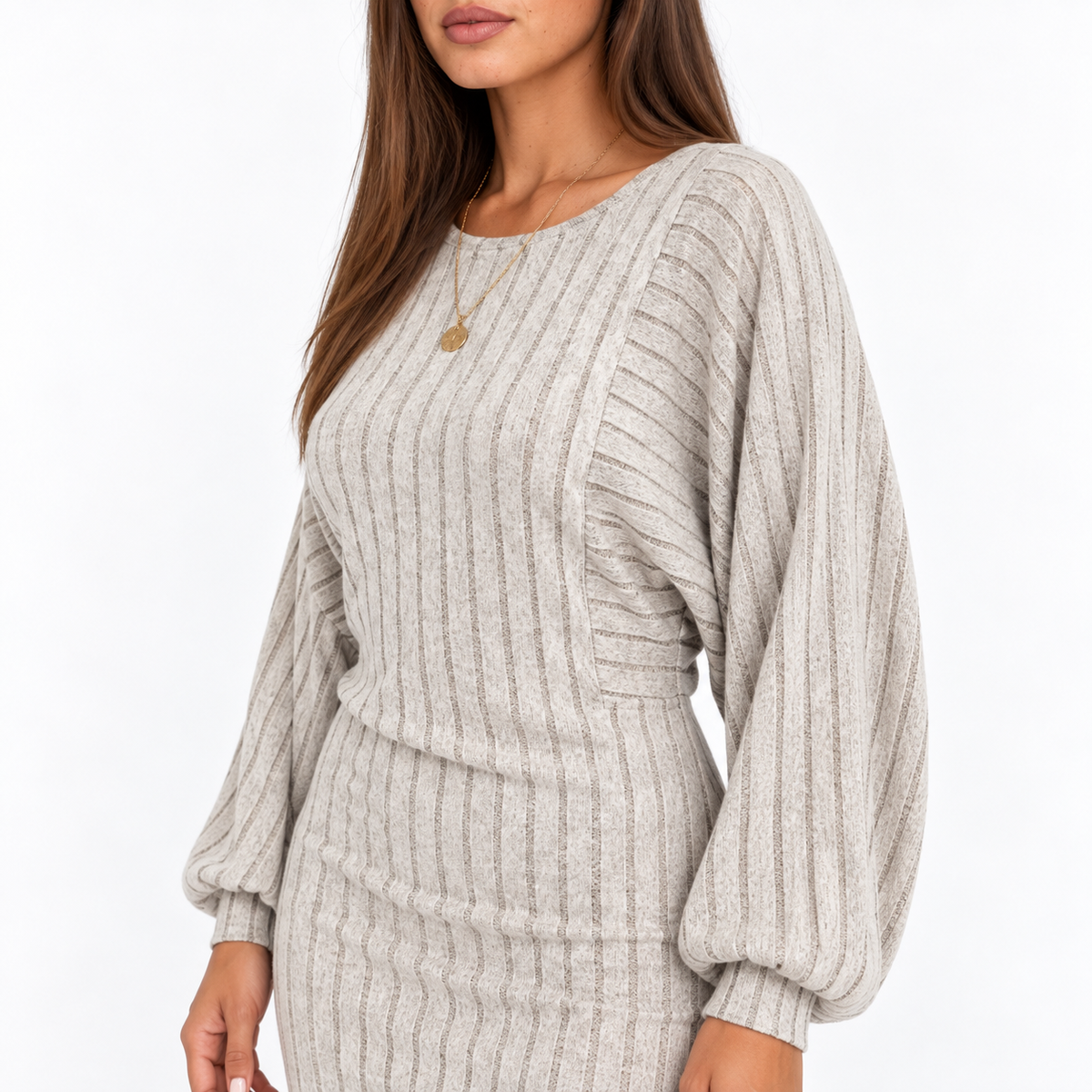 Women's Ribbed Knitted Mini Dress – Asymmetric-Hem Long-Sleeve Style