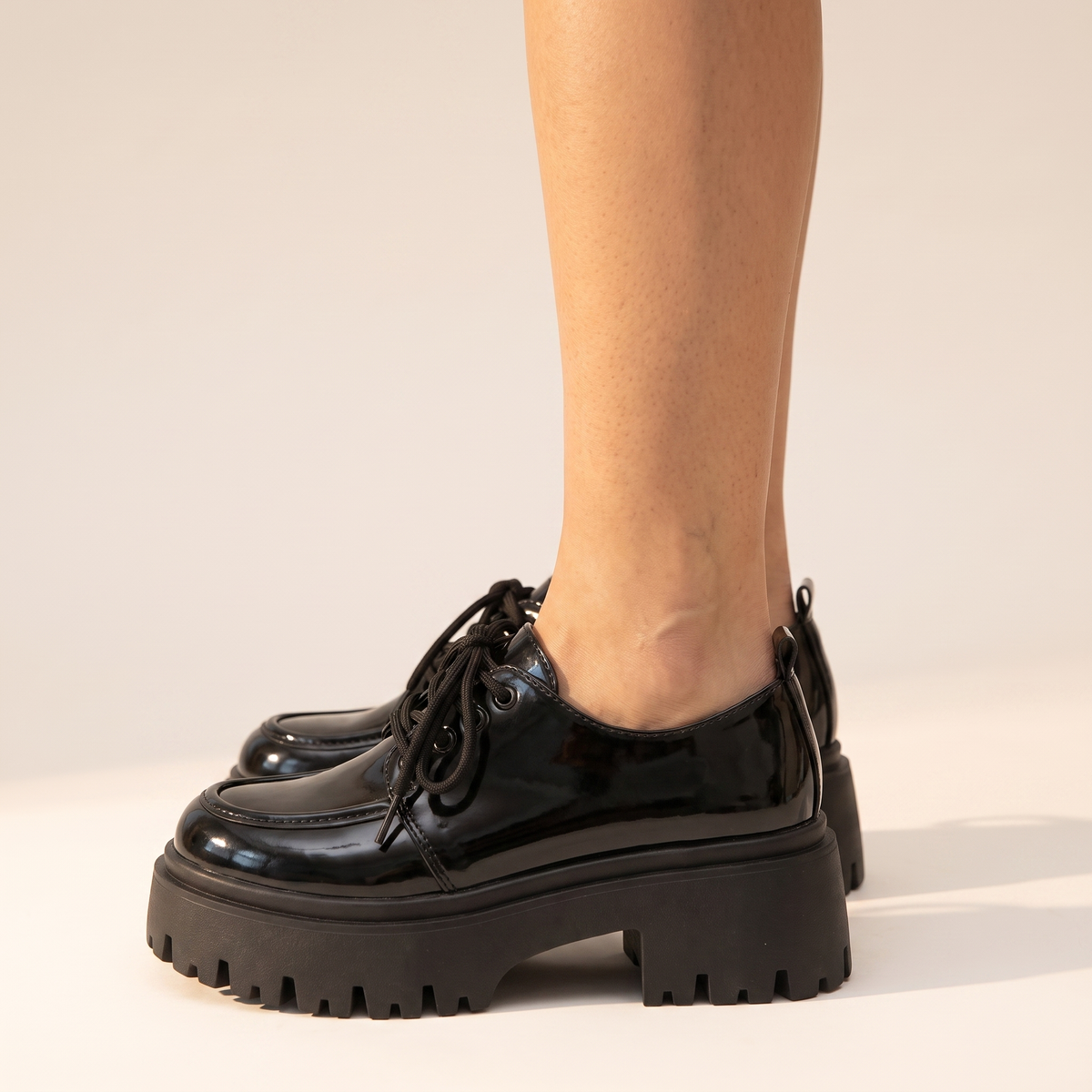 Patent Lace-Up Platform Loafers with Lug Sole