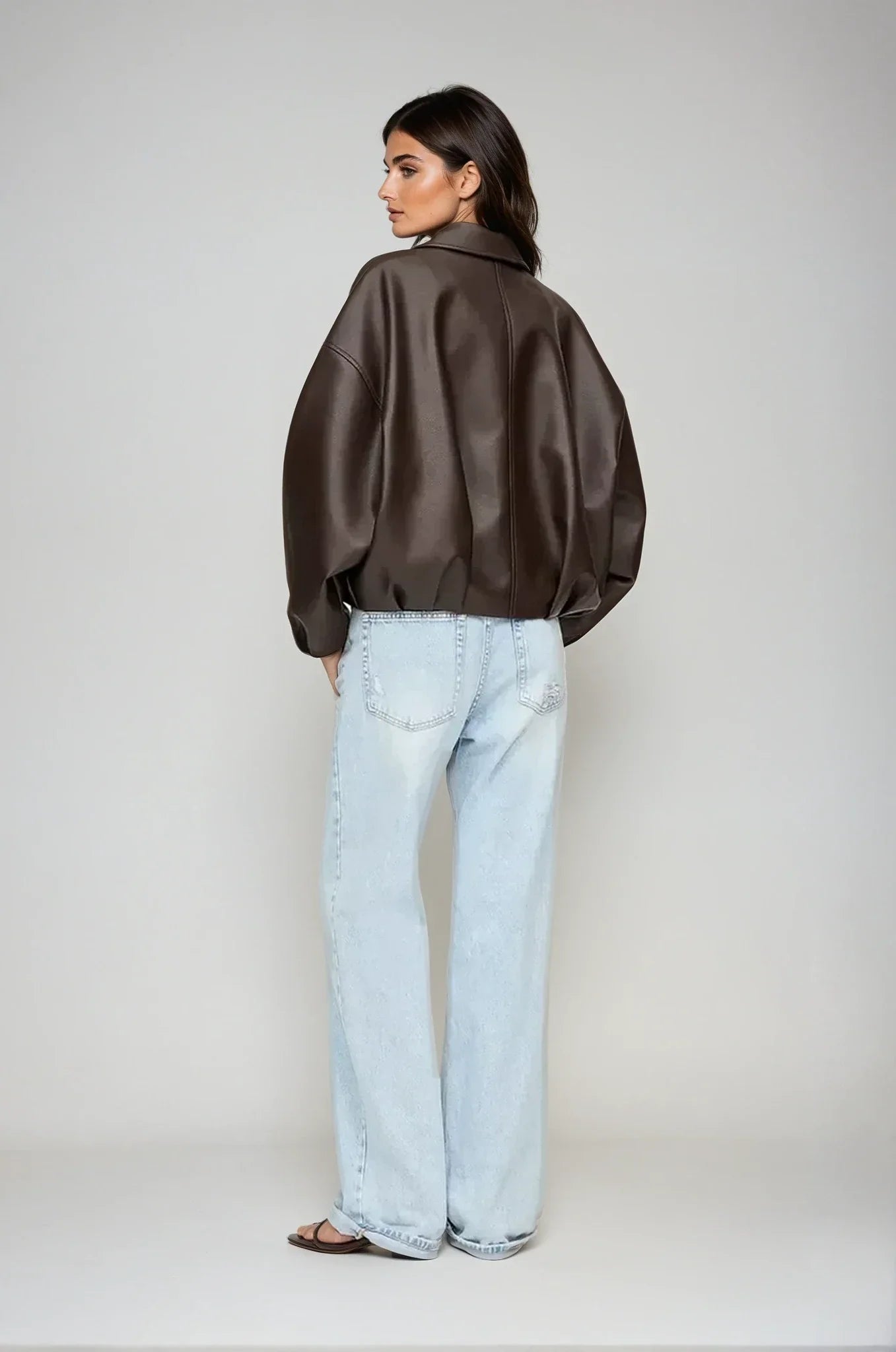 Oversized Vegan Leather Jacket with Zip & Waist Belt