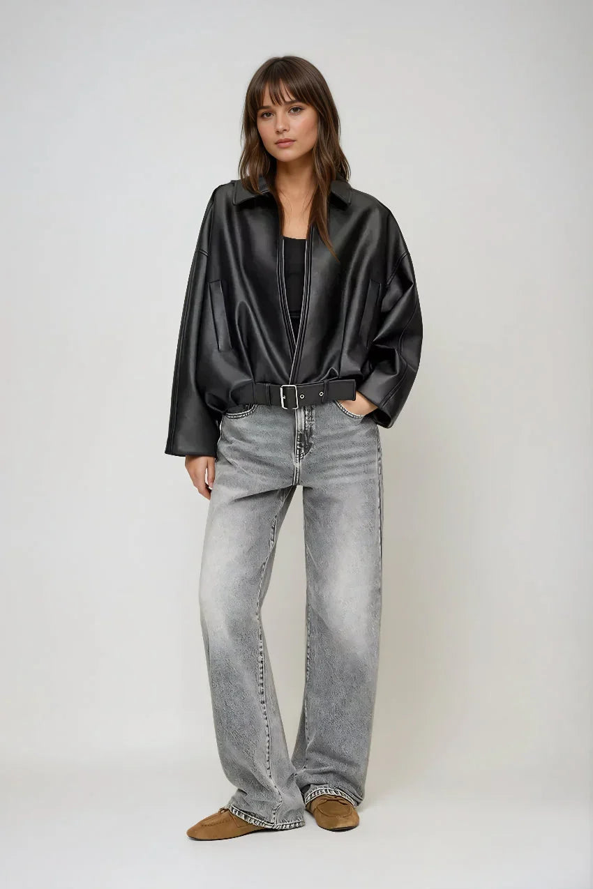 Oversized Vegan Leather Jacket with Zip & Waist Belt