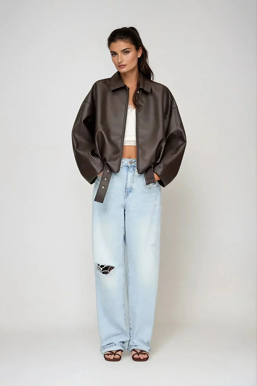 Oversized Vegan Leather Jacket with Zip & Waist Belt