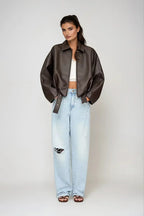 Oversized Vegan Leather Jacket with Zip & Waist Belt