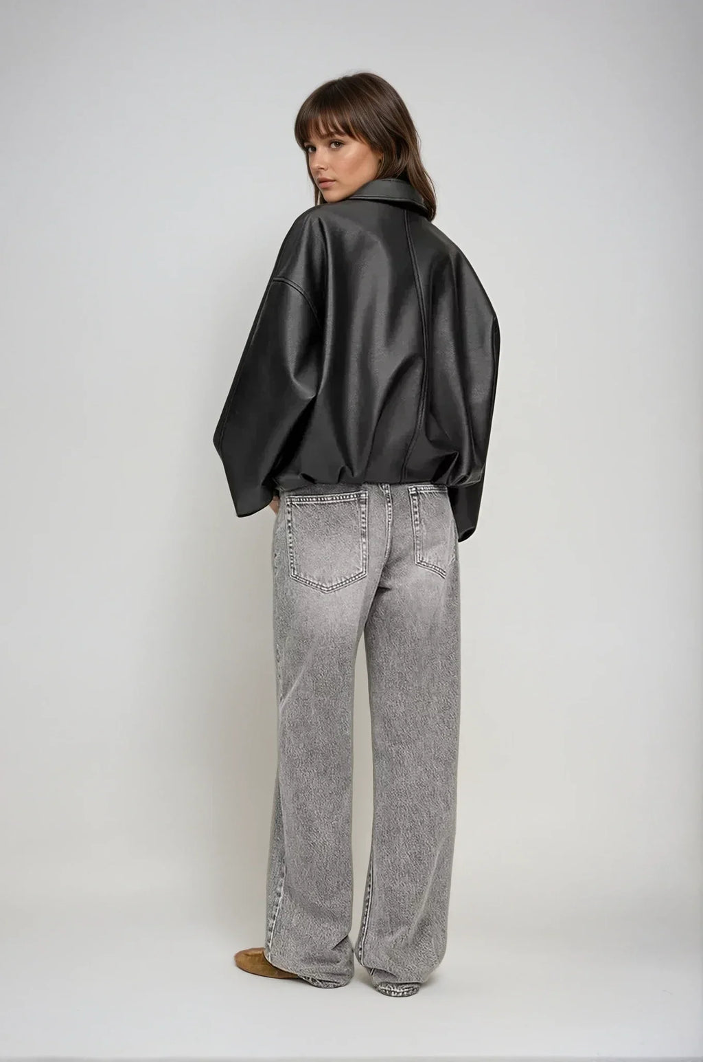 Oversized Vegan Leather Jacket with Zip & Waist Belt