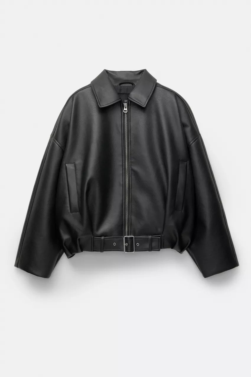 Oversized Vegan Leather Jacket with Zip & Waist Belt