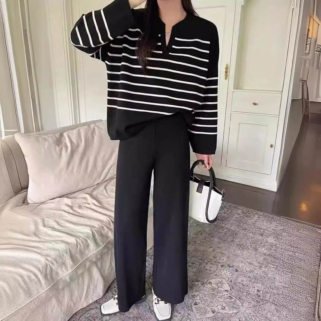 Women's Striped V-Neck Knitted Top and Wide-Leg Trousers Set