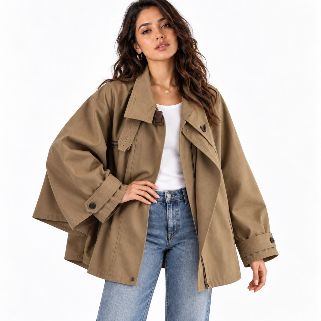 Women's Short Cape-Style Trench Jacket – Cotton Relaxed Layer