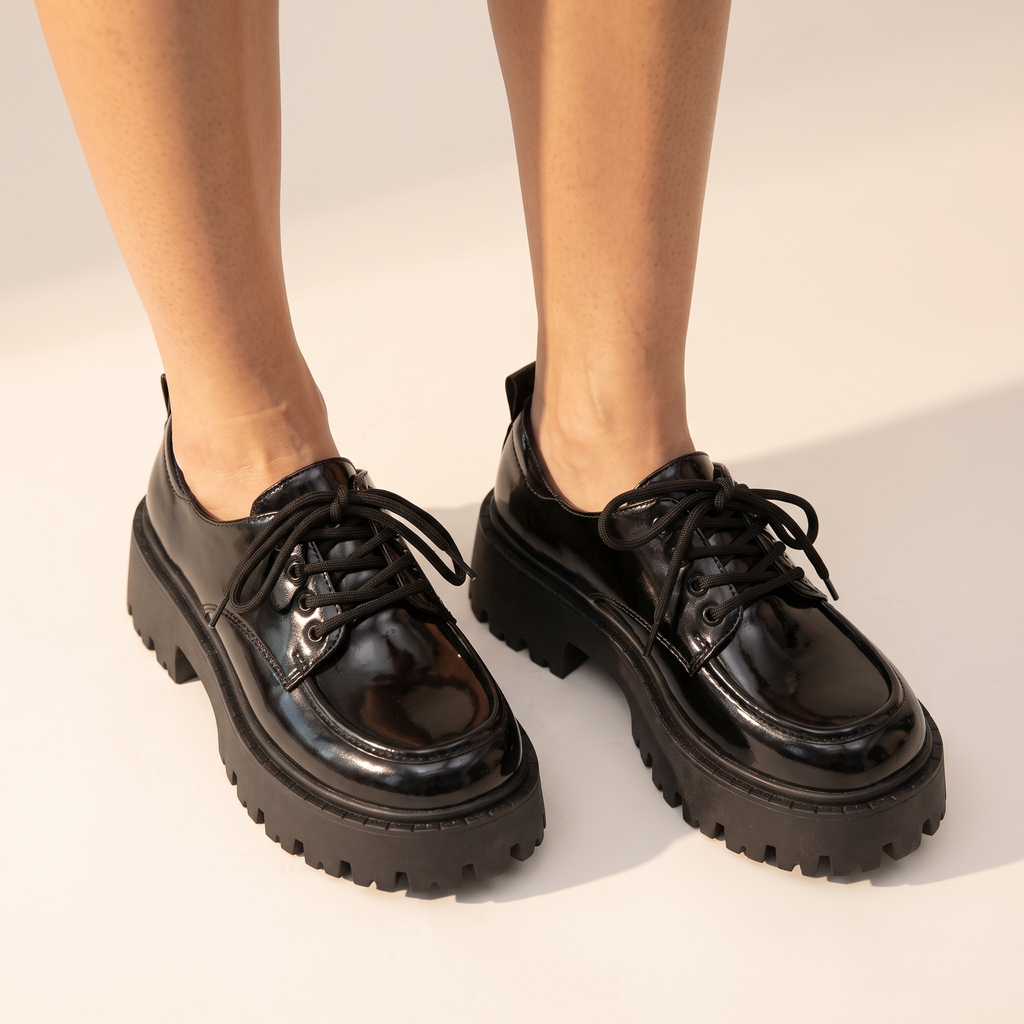 Patent Lace-Up Platform Loafers with Lug Sole
