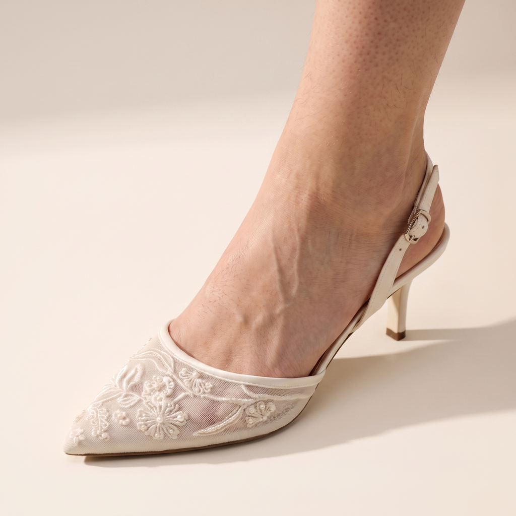 Floral Embroidered Mesh Slingback Heels – Pointed Toe