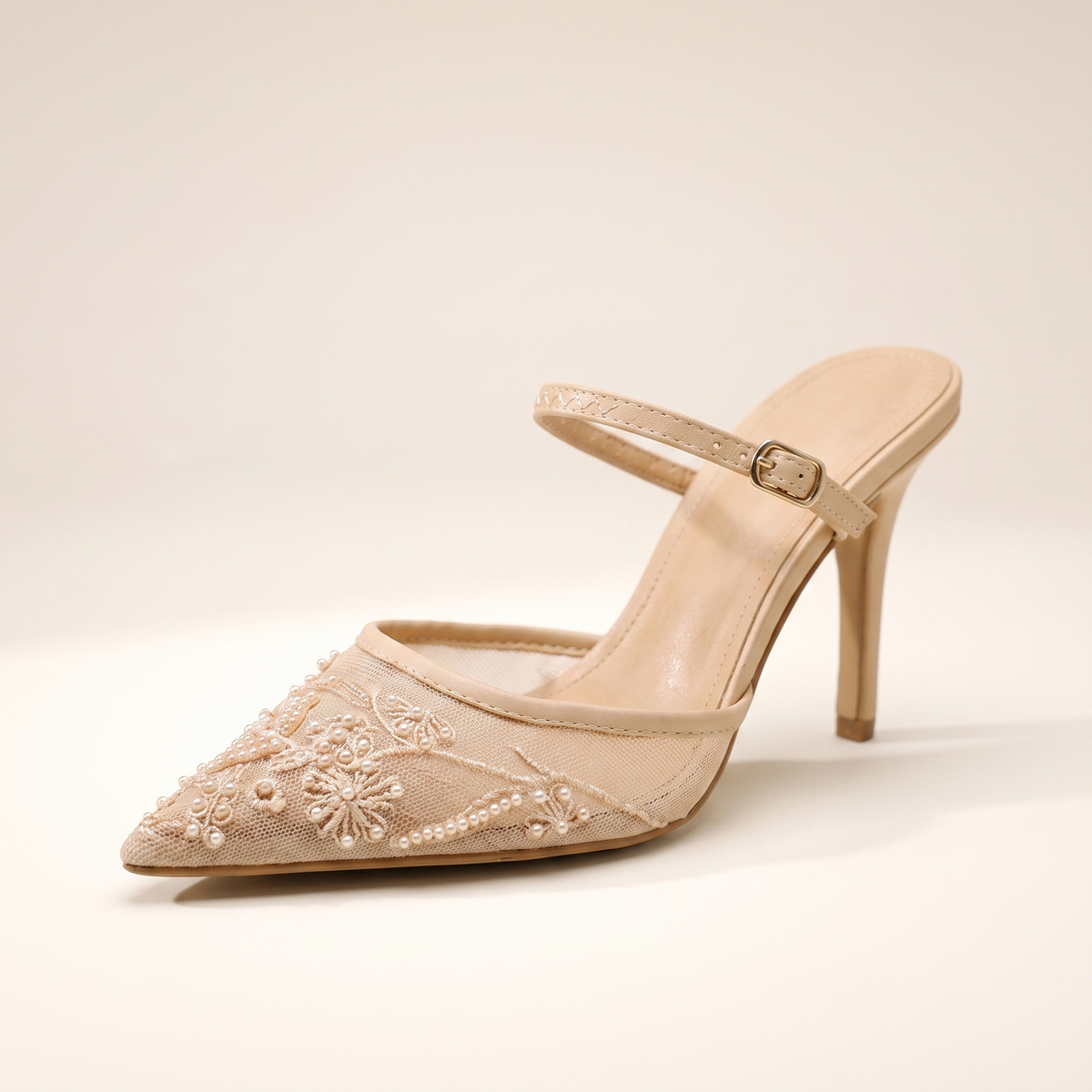 Floral Embroidered Mesh Slingback Heels – Pointed Toe