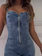 Women's Zip-Front Denim Jumpsuit with Fitted Bodice