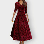 Velvet Jacquard Midi Dress V-Neck Flared | Meave & Ivy