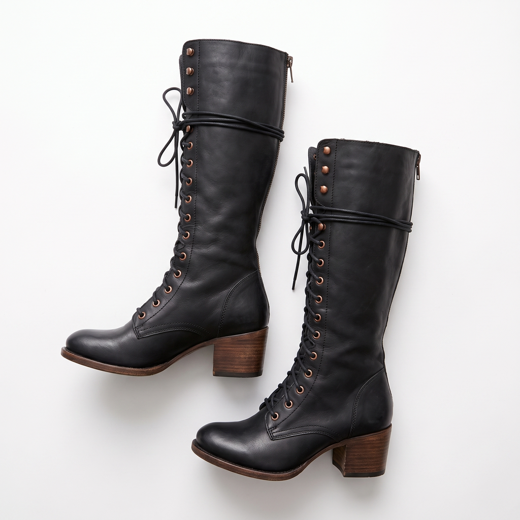 Lace-Up Knee-High Flat Boots with Bow Detail