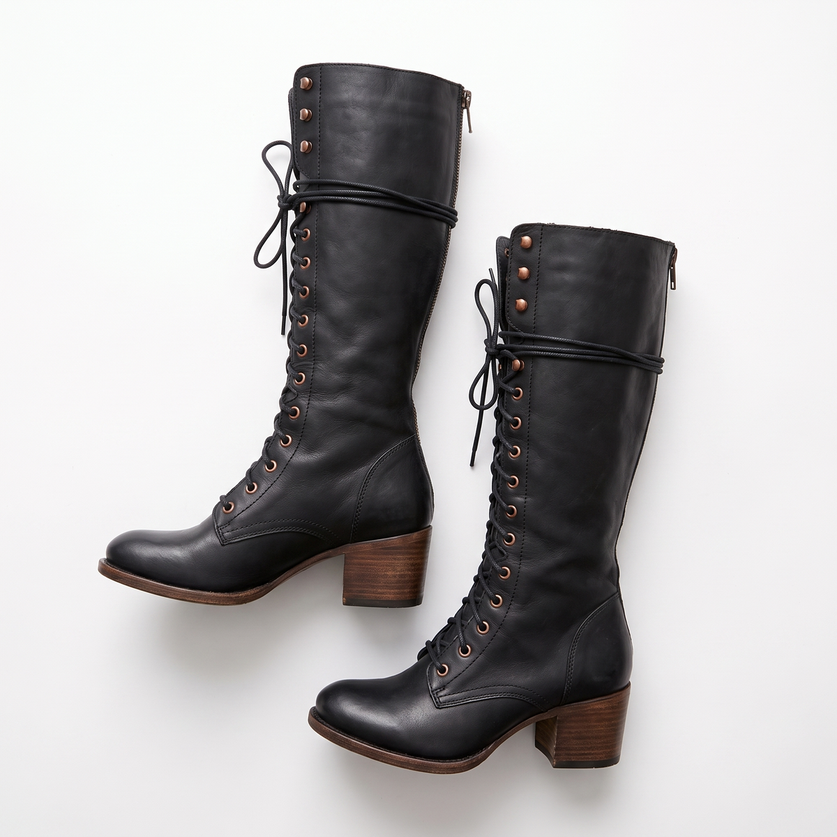 Lace-Up Knee-High Flat Boots with Bow Detail