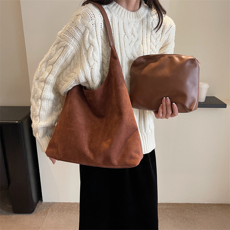 Suede Look Shoulder Bag with Matching Clutch – 2-in-1 Bag Set