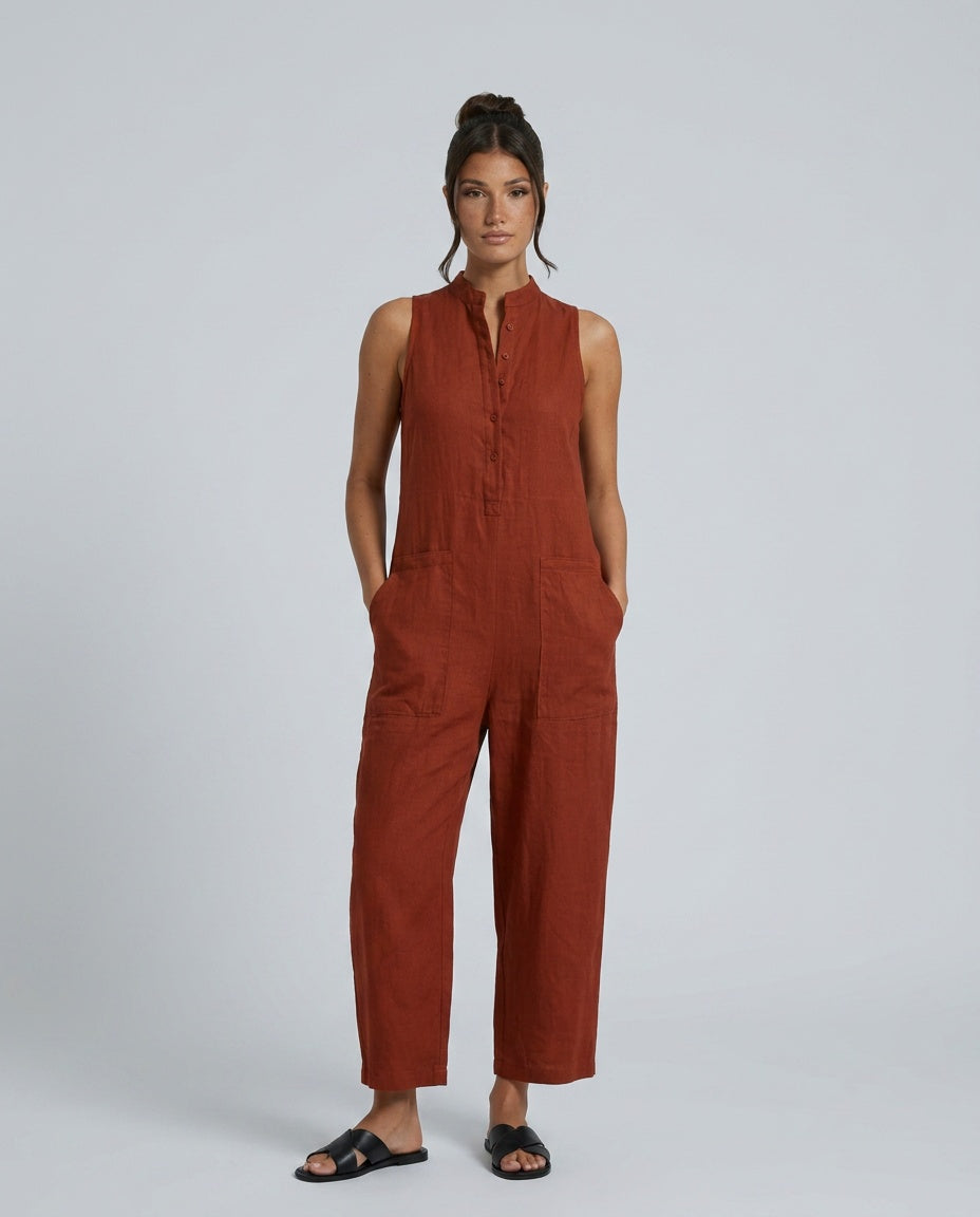 Linen-Blend Sleeveless Loose Jumpsuit