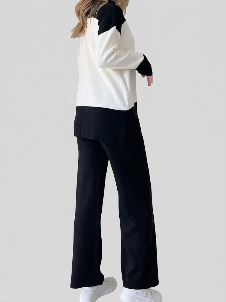 Women's Colour-Block Knit Co-Ord Set – High-Neck Long-Sleeve Top