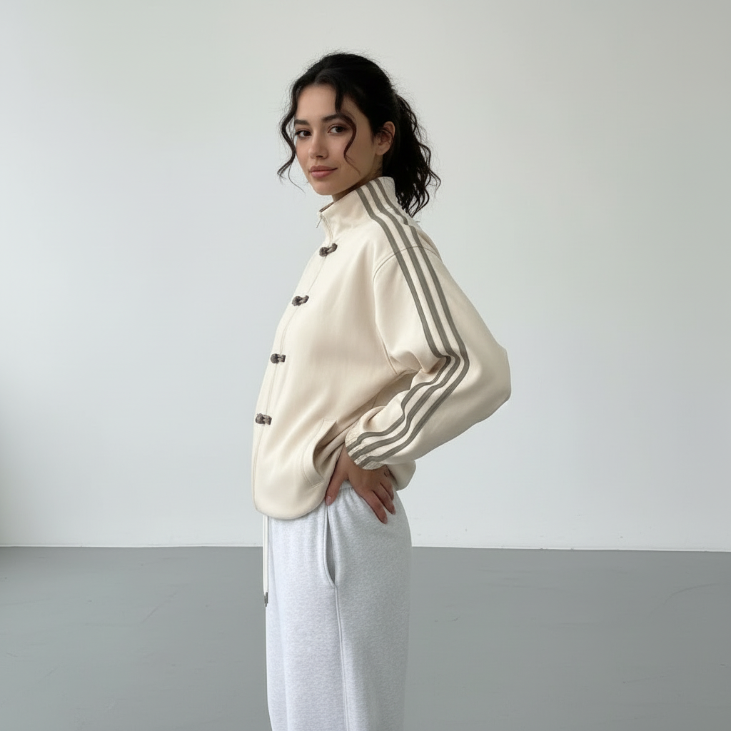 Retro Track Jacket with Button Loops & Contrast Stripes – Velour Look Zip Jacket