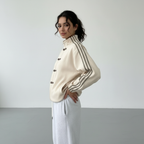 Retro Track Jacket with Button Loops & Contrast Stripes – Velour Look Zip Jacket
