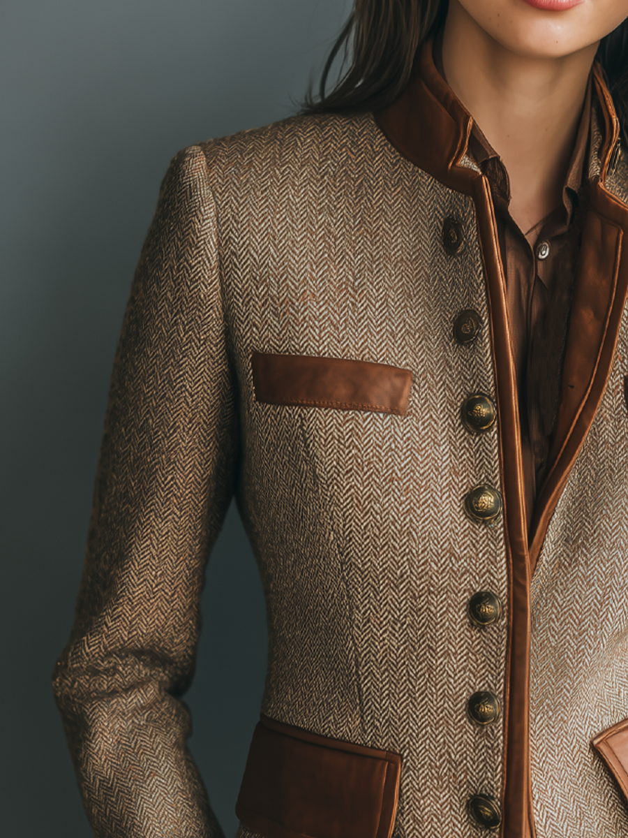 Tweed Jacket with Leather-Trim Pockets - Vintage Style