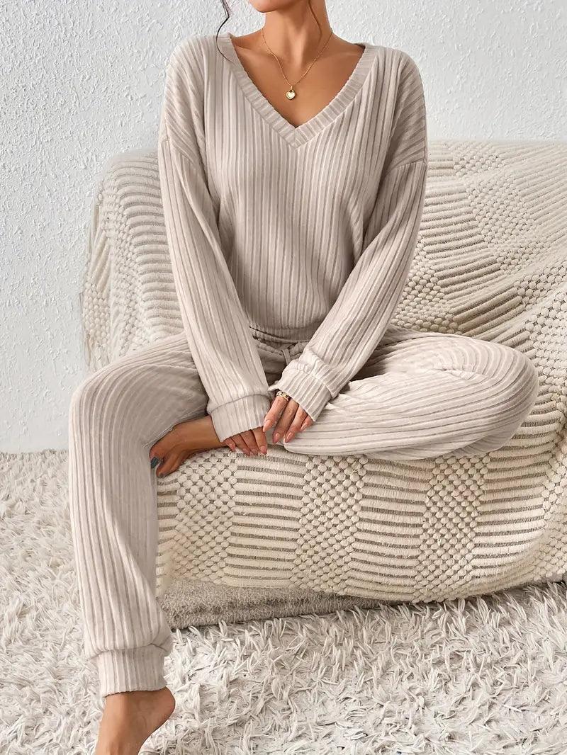 Women's Soft Ribbed Knit V-Neck Top and Drawstring Jogger Set