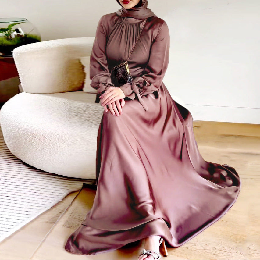 Women's Satin Maxi Dress with Tie Waist and High Neck