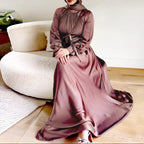 Women's Satin Maxi Dress with Tie Waist and High Neck