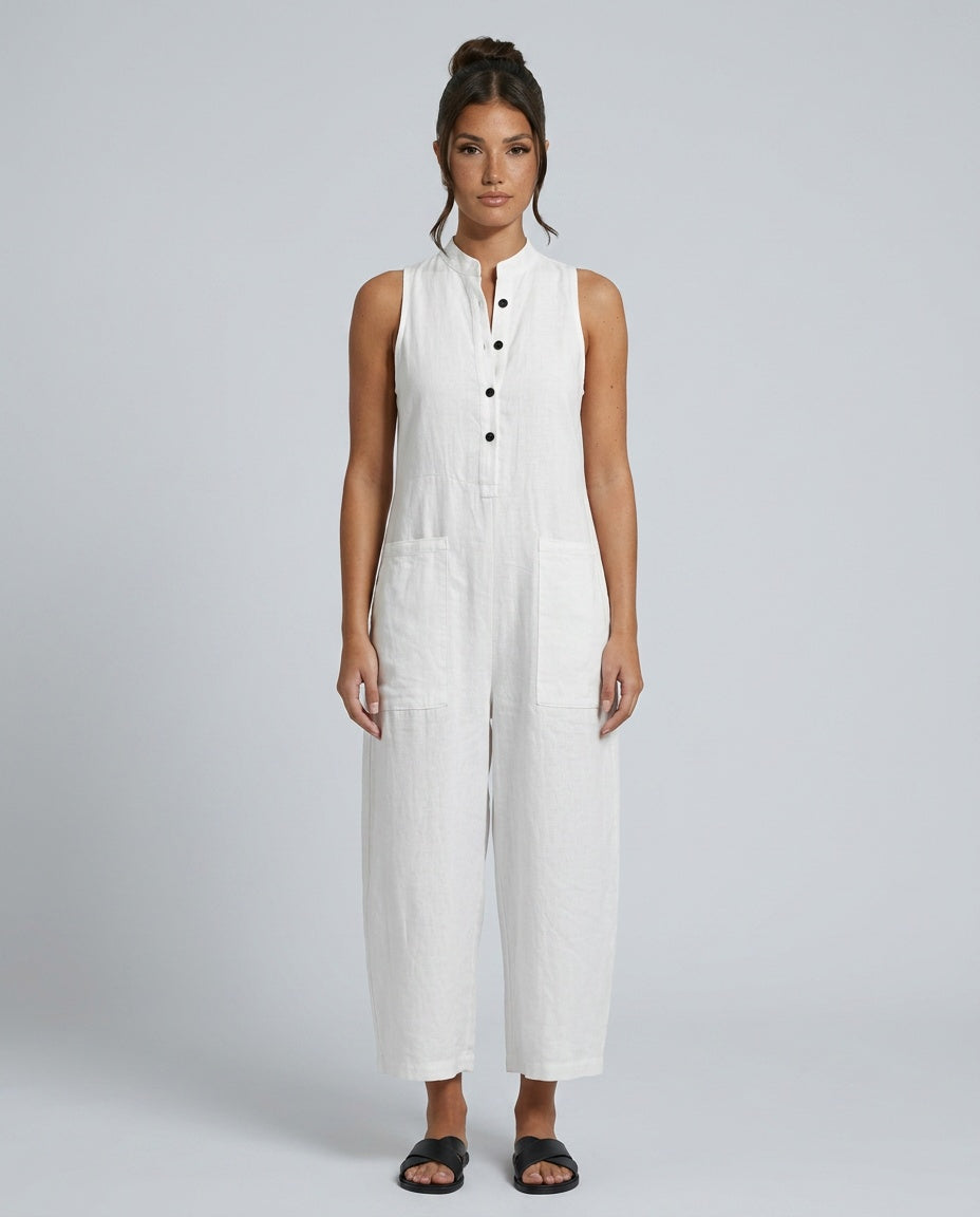 Linen-Blend Sleeveless Loose Jumpsuit