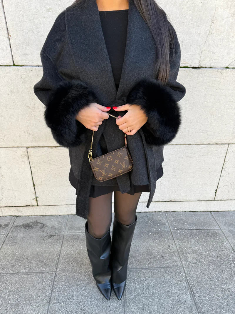 Women's Belted wool-blend Wrap Coat with faux fur-Trimmed Cuffs