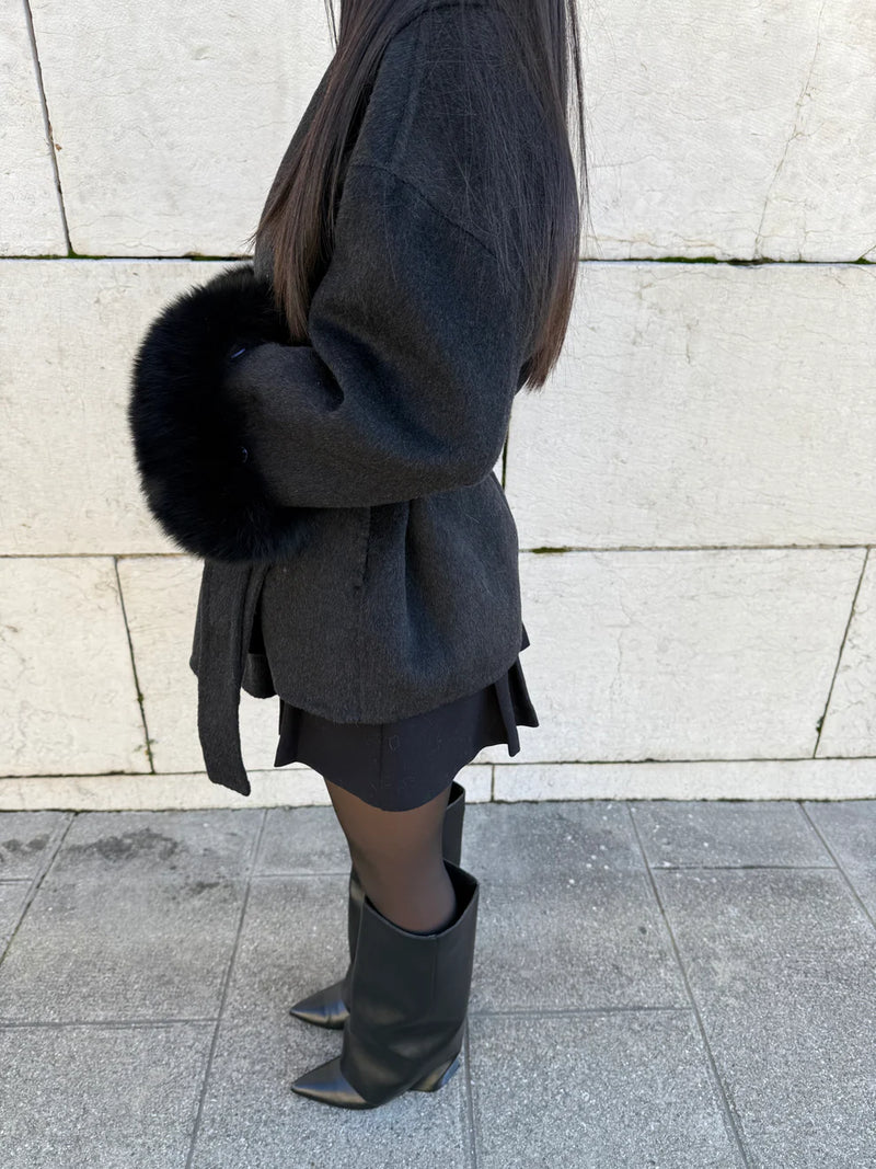 Women's Belted wool-blend Wrap Coat with faux fur-Trimmed Cuffs