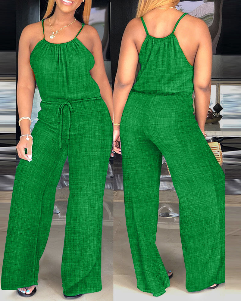 Spaghetti Strap Drawstring Tied Waist Casual Jumpsuit | Meave & Ivy