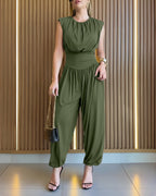 Padded Shoulders Sleeveless Cinched Waist Side High Slit Jumpsuit | Meave & Ivy