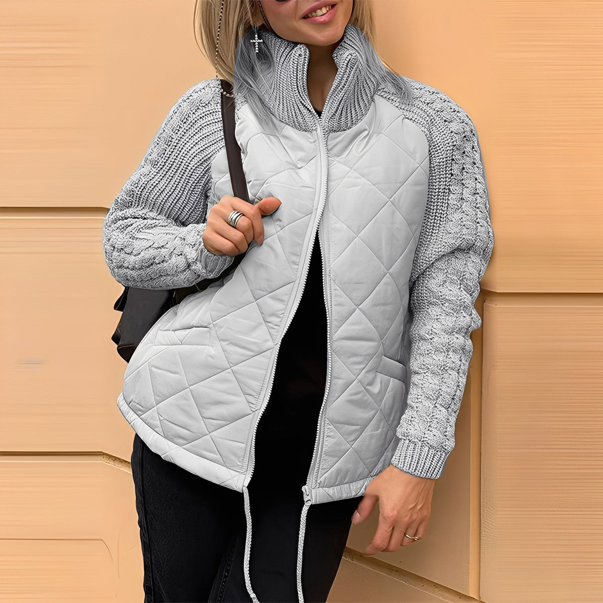 Women's Diamond Quilted Zip-Up Jacket with Cable Knit Sleeves and Stand