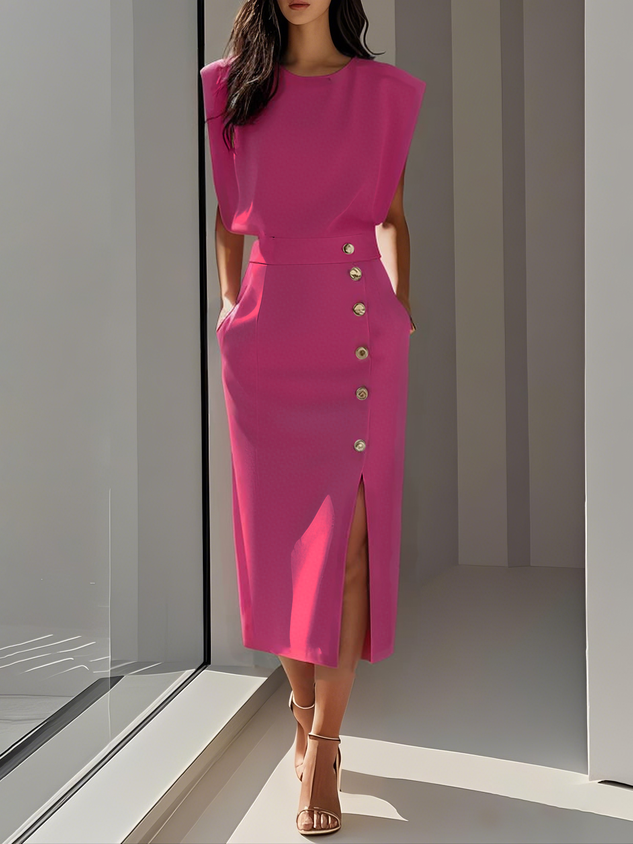 Sleeveless Button-Detail Bodycon Midi Dress