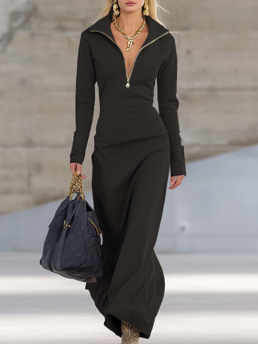 Women's Elegant Long Sleeve Maxi Dress with Half Zip Front and High Stand