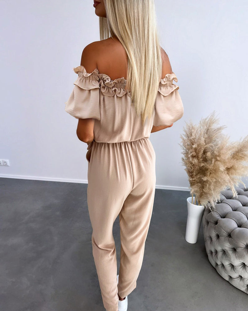 Off-Shoulder Frill Trim Short Sleeve Tie Waist Casual Jumpsuit | Meave & Ivy