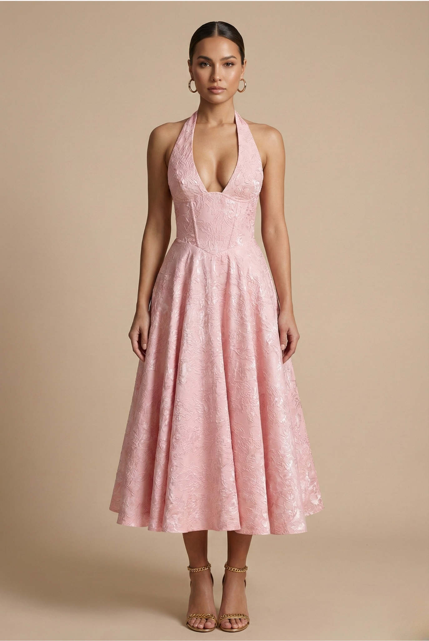 Jacquard Halter Corset Midi Dress – A-Line Wedding Guest Dress | Meave & Ivy