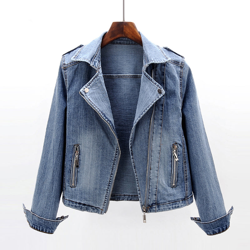 Women's Fitted Denim Biker Jacket with Asymmetric Zip and Notched Lapels