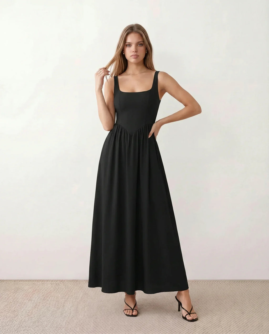 Basque Waist A-Line Maxi Dress