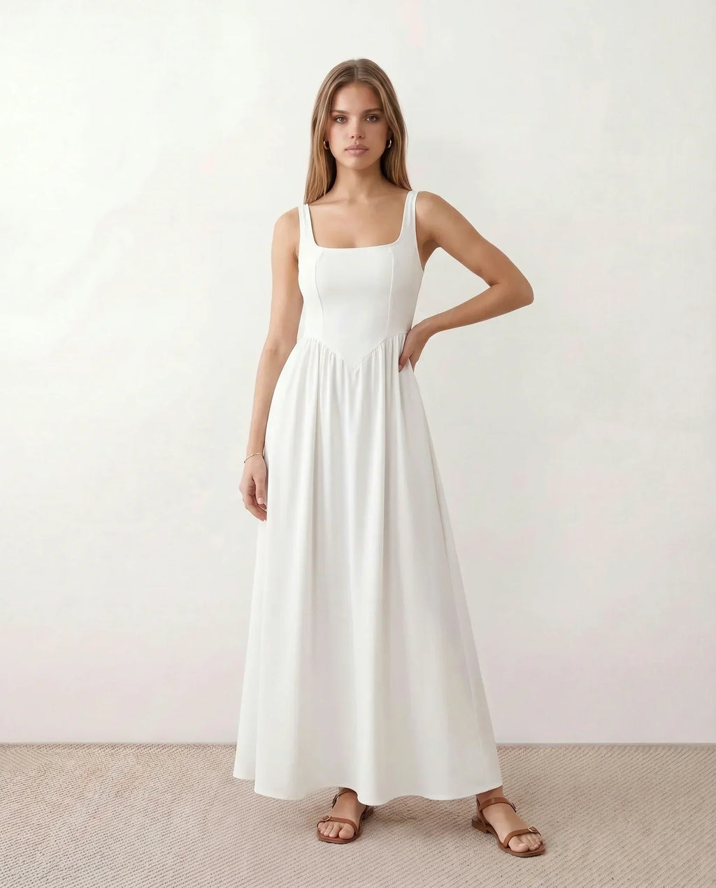Basque Waist A-Line Maxi Dress