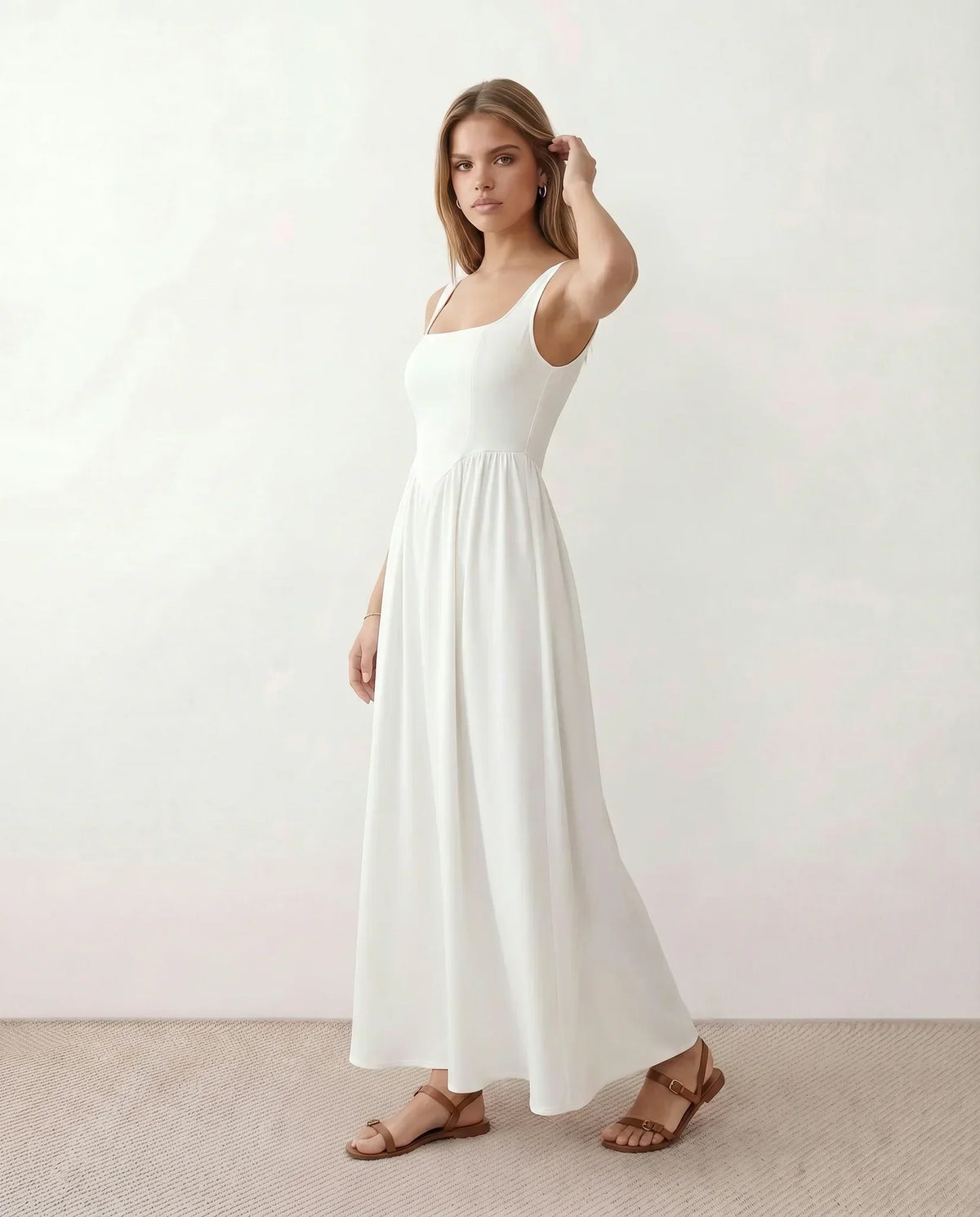 Basque Waist A-Line Maxi Dress