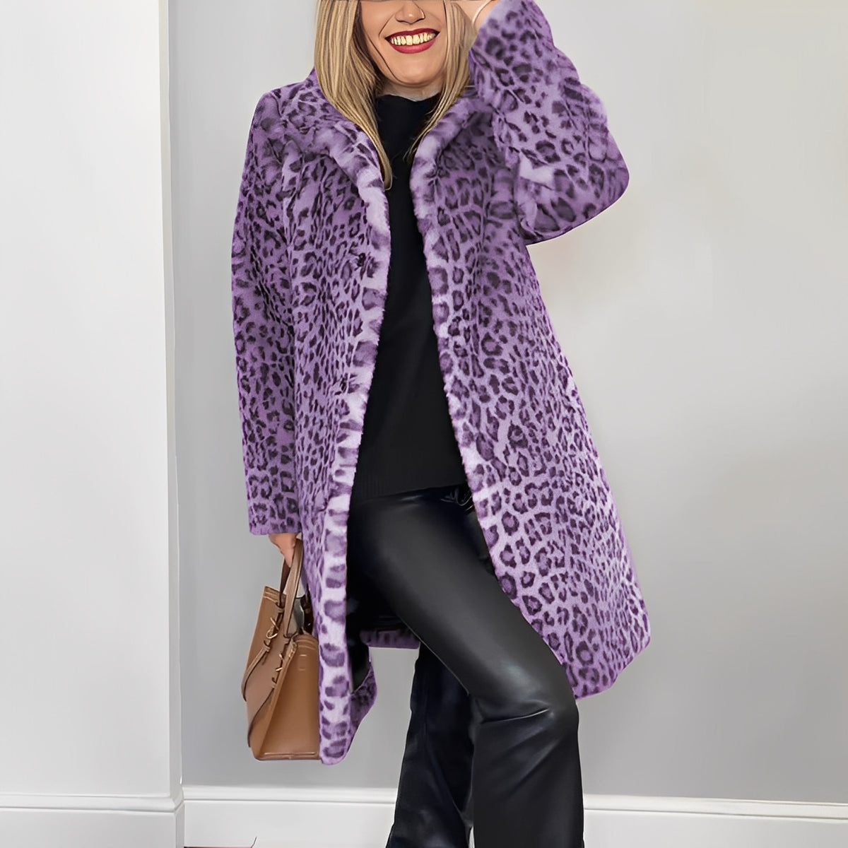 Women's Elegant Leopard Print Faux Fur Winter Coat with Plush Oversized