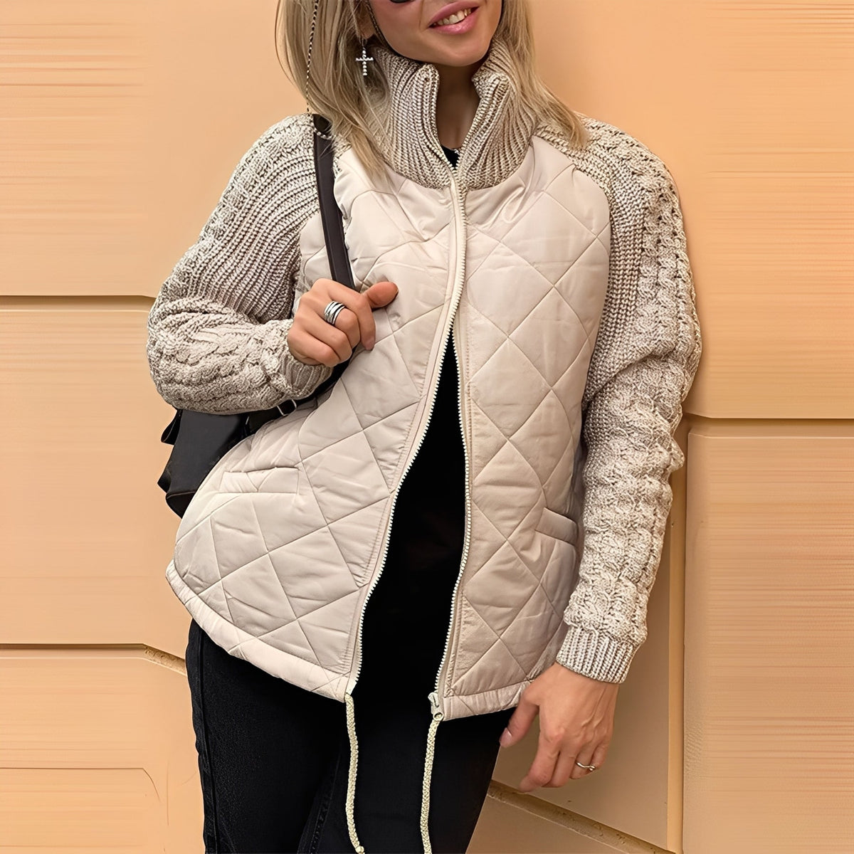 Women's Diamond Quilted Zip-Up Jacket with Cable Knit Sleeves and Stand